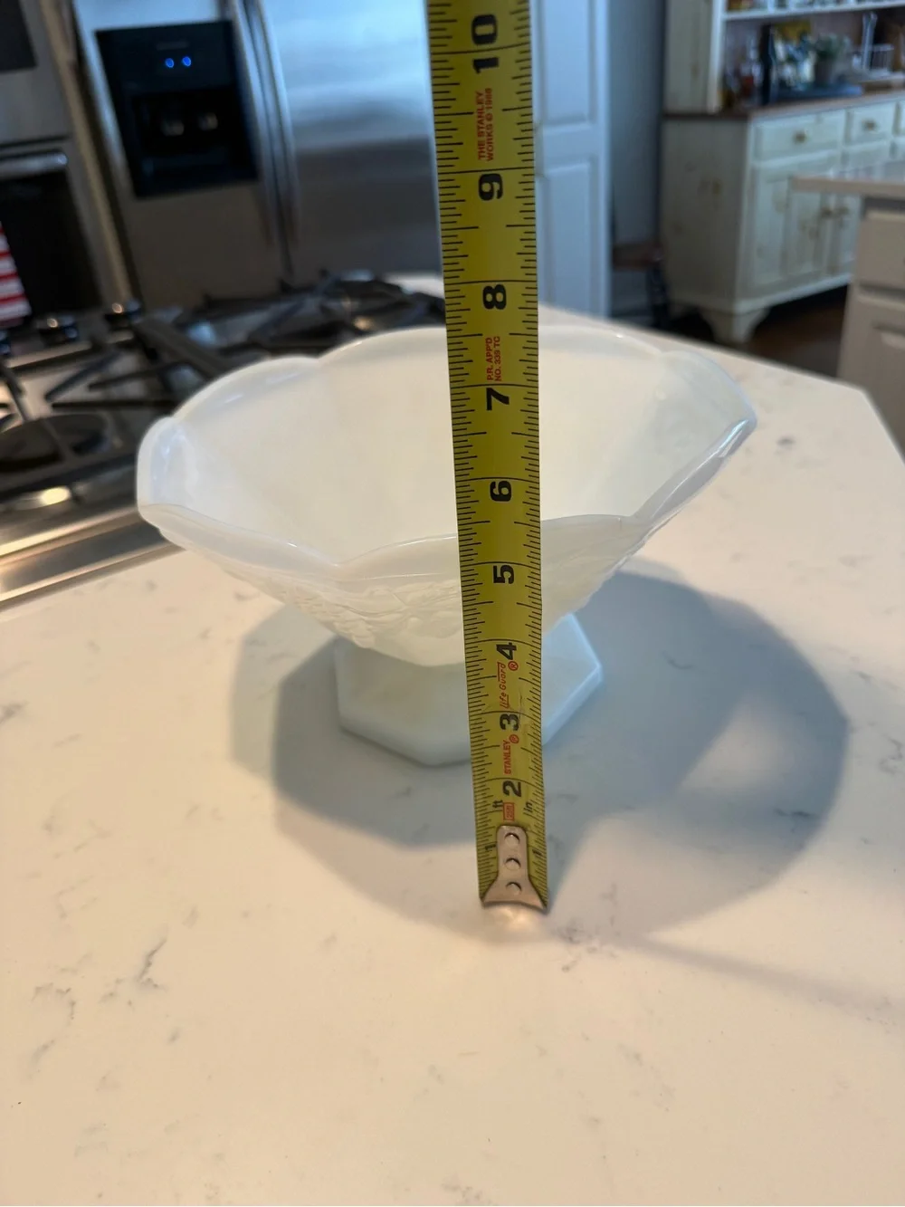 Vintage Milk Glass Paneled Grape Pedestal Compote Bowl Scalloped Rim